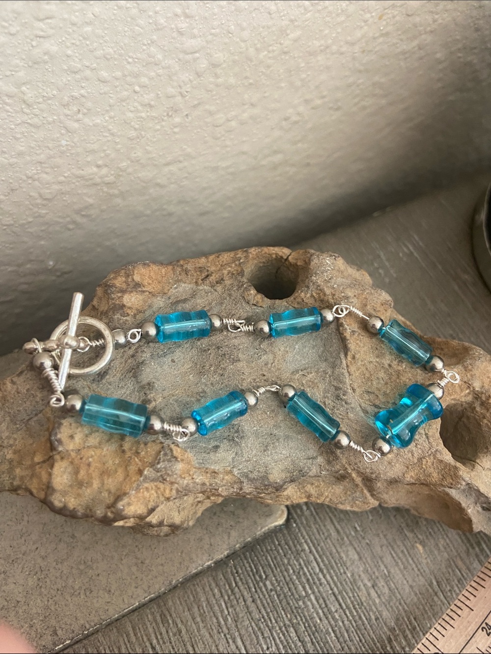 New Handmade Blue GLASS Beads Silver Tone Zinc Alloy Bracelet